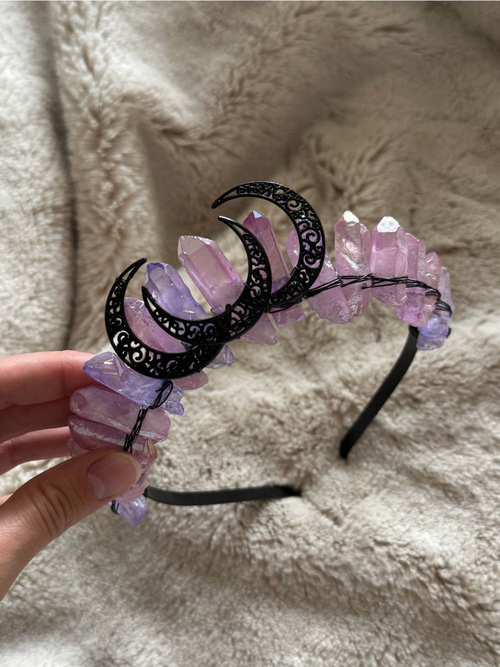Purple pink Crystal Crescent Moon Headband - Lavender Gem Accent